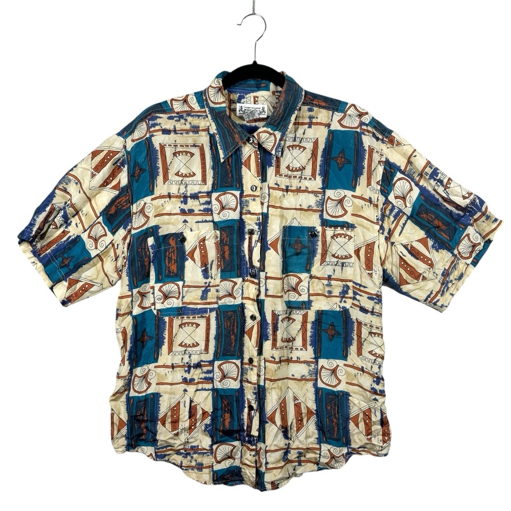 Vintage WHISTLES 100% Silk Shirt Button Up Short Sleeve Multicolor Colorful Sz M